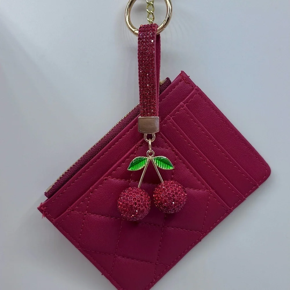 Red Quilted Card Holder Wallet w/ Cherry Rhinestone Keychain Zipper Coin